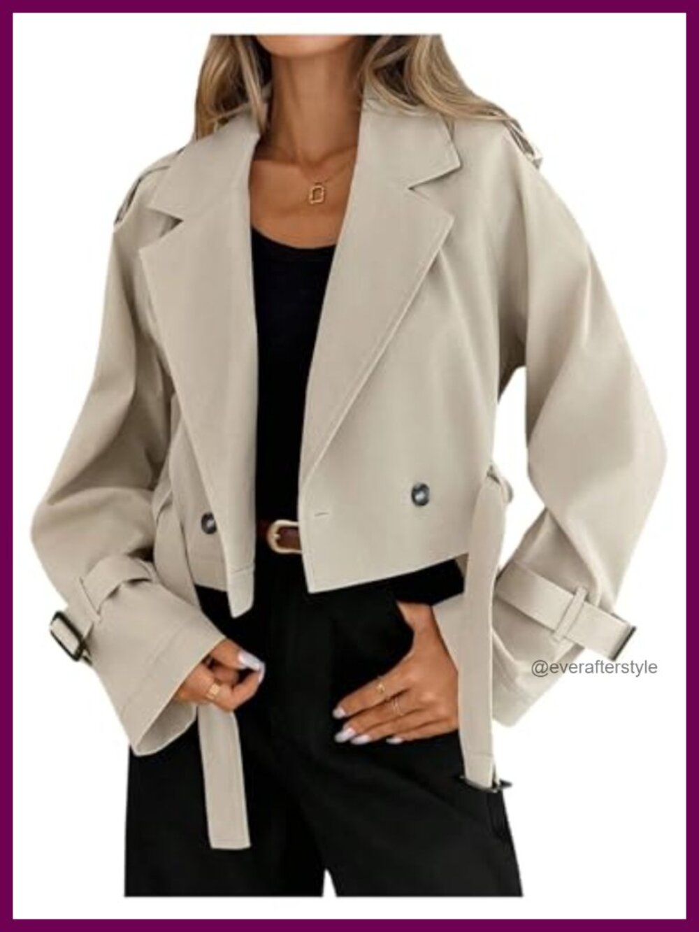 Women's Cropped Trench Coat Long Sleeve Belted Office Jacket